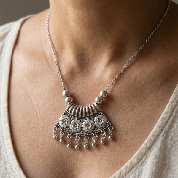 OxidisedEthnicNecklace-03.jpg Oxidised Silver Finish Floral Chandelier Pendant Necklace (1 Pc)