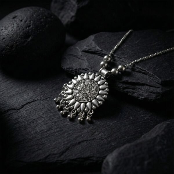 OxidisedNecklace-02.jpg Oxidized Silver Finish Round Sunburst Pendant Necklace (1 Pc)