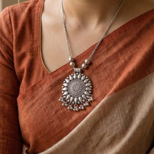 OxidisedNecklace-03.jpg Oxidized Silver Finish Round Sunburst Pendant Necklace (1 Pc)