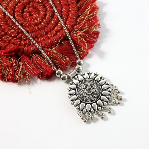 OxidisedNecklace-05.jpg Oxidized Silver Finish Round Sunburst Pendant Necklace (1 Pc)