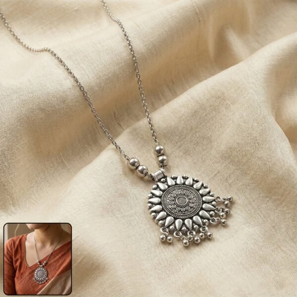 OxidisedNecklace-WOSKU-01.jpg Oxidized Silver Finish Round Sunburst Pendant Necklace (1 Pc)