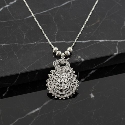 Elegant Peacock Design Oxidised Silver Finish Pendant Necklace (1 Pc)