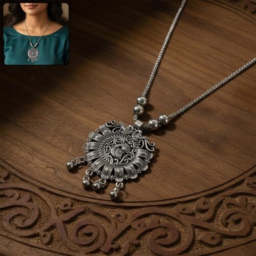 Plated-Necklace-01_cdeba8e9-6ee1-490d-b8ca-9c460558b3aa.jpg Antique Silver-Tone Oxidized Floral Medallion Pendant Necklace (1 Pc)