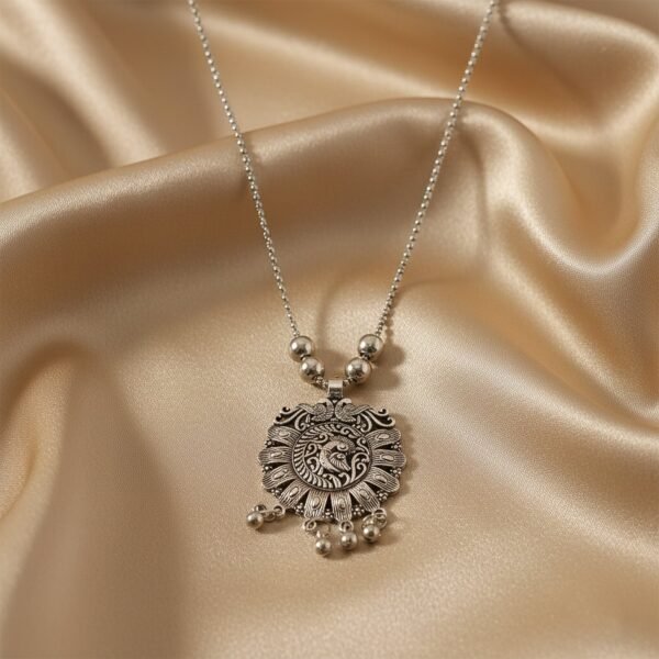 Antique Silver-Tone Oxidized Floral Medallion Pendant Necklace (1 Pc)
