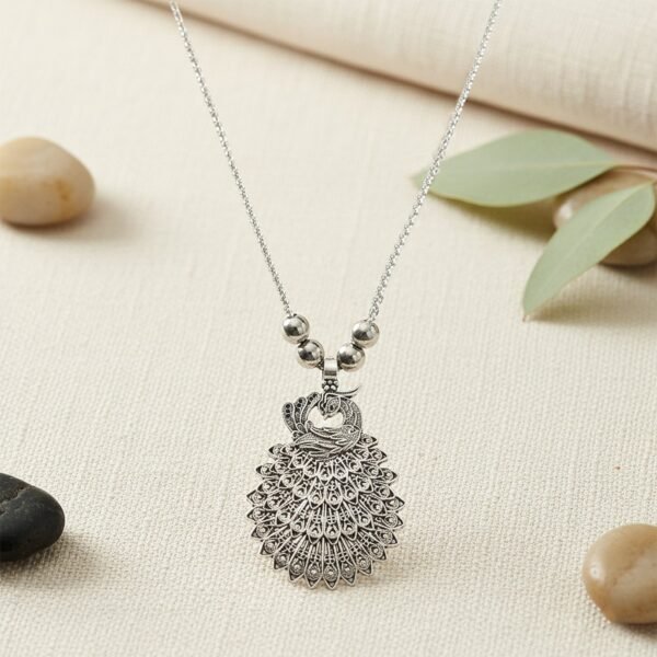 Elegant Peacock Design Oxidised Silver Finish Pendant Necklace (1 Pc)