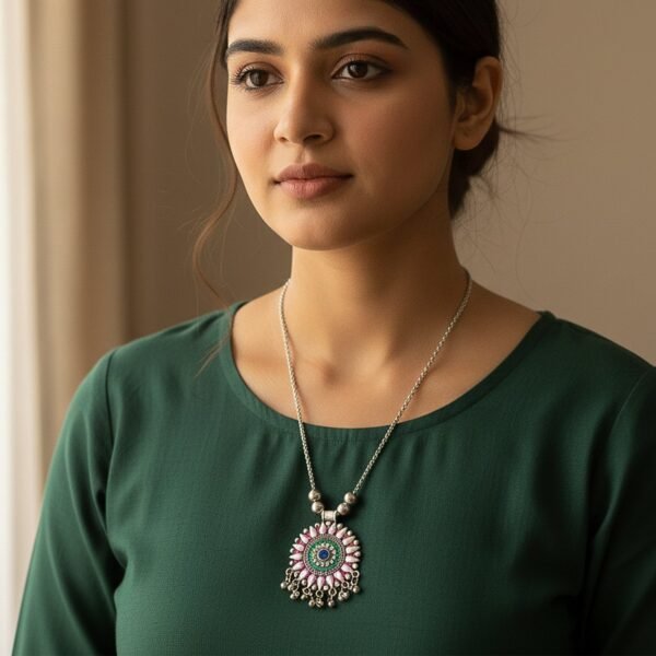 Antique Silver-Tone Oxidized Circular Enamel Pendant Necklace (1 Pc)