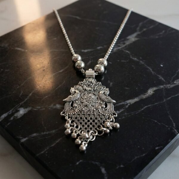 Oxidized Silver Finish Floral Motif Statement Pendant Necklace (1 Pc)