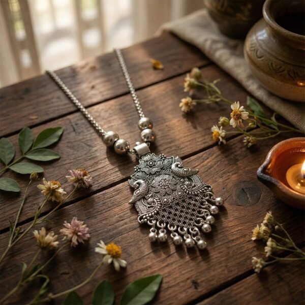 Oxidized Silver Finish Floral Motif Statement Pendant Necklace (1 Pc)