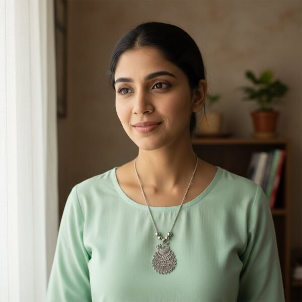 Elegant Peacock Design Oxidised Silver Finish Pendant Necklace (1 Pc)