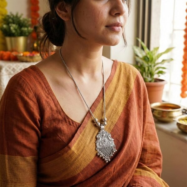 Oxidized Silver Finish Floral Motif Statement Pendant Necklace (1 Pc)