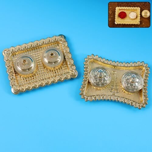 PoojaThali2-WOSKU-01.jpg Ornate Rectangular Pooja Tilak Plate - (Mix Design / 1 Pc)