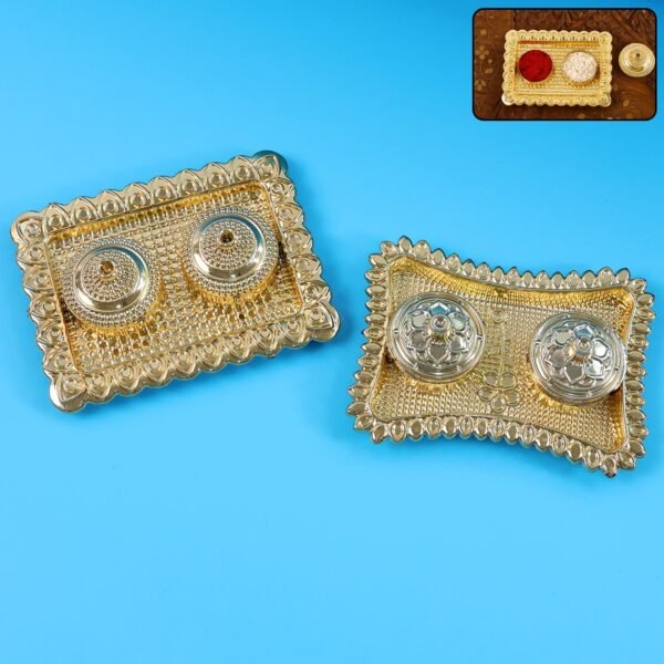 PoojaThali2-WOSKU-01.jpg Ornate Rectangular Pooja Tilak Plate - (Mix Design / 1 Pc)