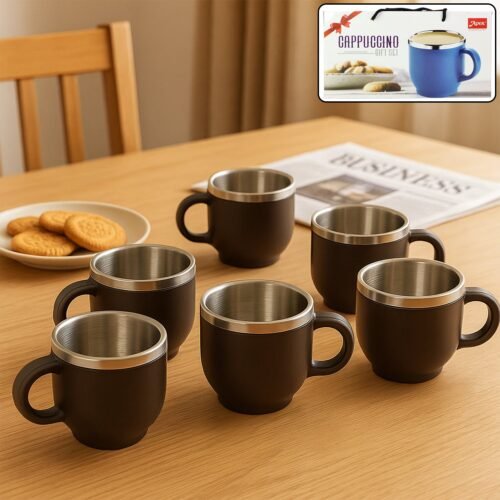Apex Premium Double Wall Stainless Steel Cappuccino Mug Gift Set (6 Pc / 100 ML)