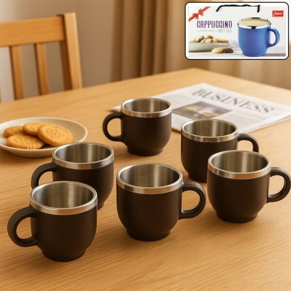 Tea-Cup-01.jpg Apex Premium Double Wall Stainless Steel Cappuccino Mug Gift Set (6 Pc / 100 ML)