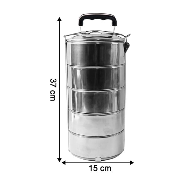 5 Compartment Lunch Box (Stainless Steel): Round Tiffin, Leakproof (16x5")