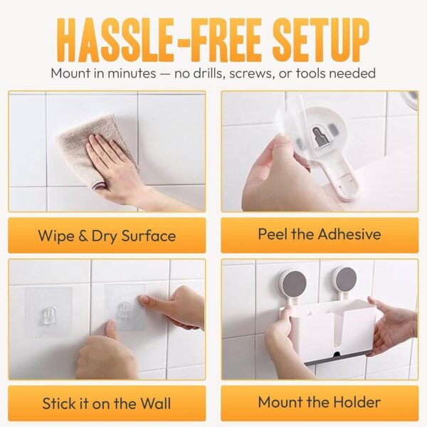 Wall Mounted 3 Compartment Toothbrush Holder with Adhesive Installation (1 Pc)