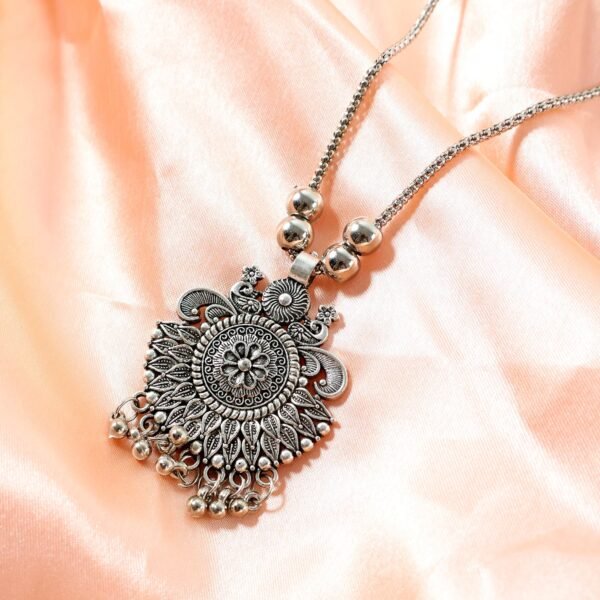 TraditionalNecklace-02.jpg Oxidized Silver Finish Sunburst Floral Pendant Necklace (1 Pc)