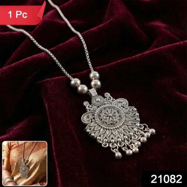 TraditionalNecklace-WSKU-01.jpg Oxidized Silver Finish Sunburst Floral Pendant Necklace (1 Pc)