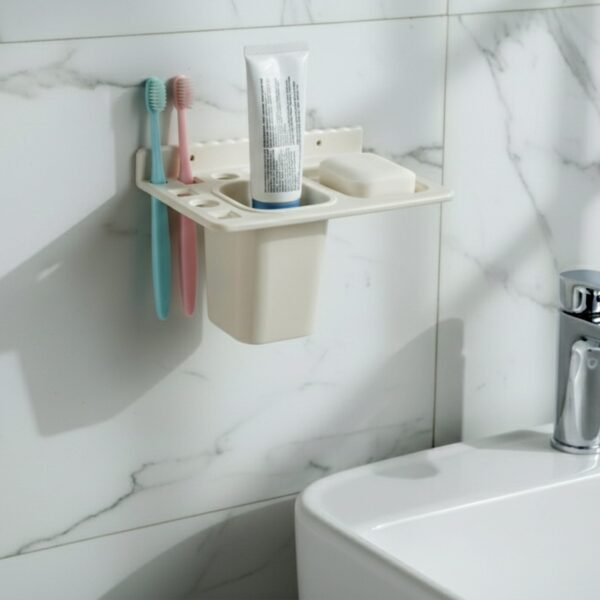 TuthbrushHolder-02.jpg 3in1 Wall Mounted Multi-Compartment Toothbrush & Soap Holder with Cup (1 Pc)