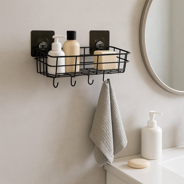 Heavy-Duty Self-Adhesive Wall Storage Baskets with Hooks (Pack of 2)