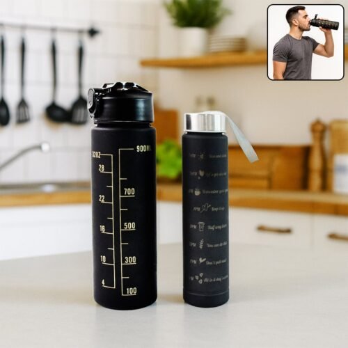 WaterBottle-WOSKU-01_14c05ef2-a8a6-4ff0-b06a-fd2fe27e85e2.jpg 2 Pc Premium Black Motivational Water Bottle Set (900 ML + 300 ML)