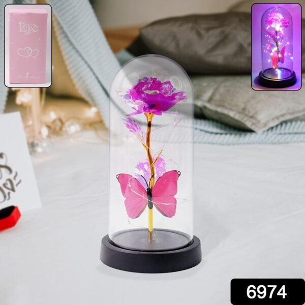 LED Decorative Rose with Butterfly in Transparent Plastic Dome (1 Pc)