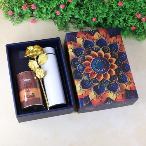 Effete Coffee Almonds Gift Hamper, Golden Rose With Bottle (3 Pc Set), Mix Color