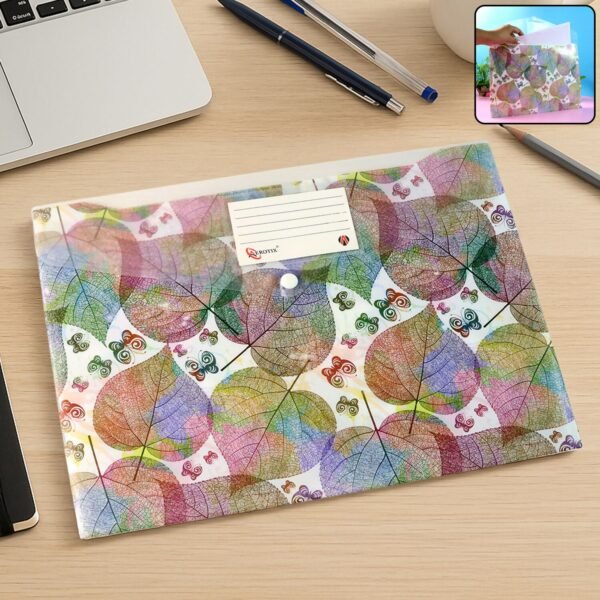 Printed A4 Document Folder – Leaf Design with Button Closure & Label Slot (1 Pc)