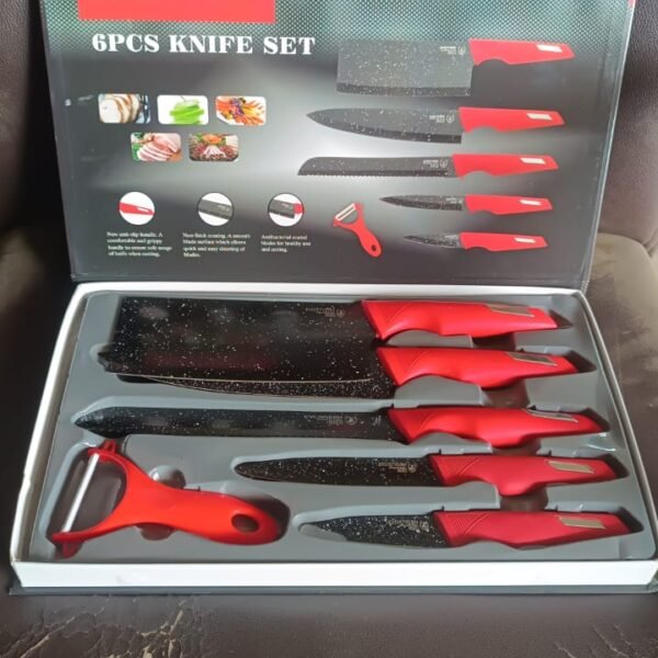 Kitchen Knife Set with Marble-Coated Blades & Red Handles (6 Pc)