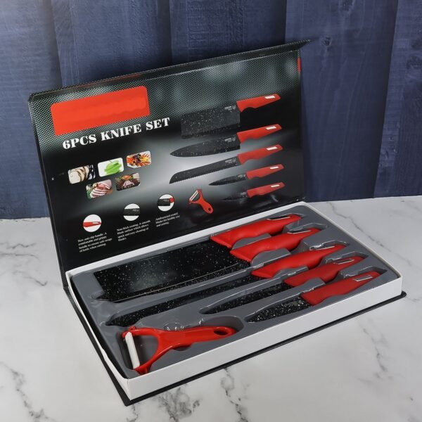 Kitchen Knife Set with Marble-Coated Blades & Red Handles (6 Pc)