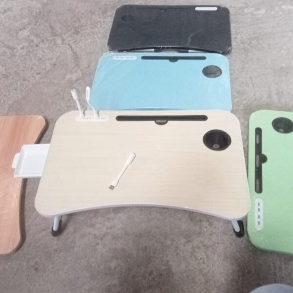 b405c131-83dc-43c3-bcc8-92ee6a407c1e_87bbb91d-259a-42da-a190-8b51a1a914ba.jpg MultiPurpose Study Table Foldable Portable Notebook Bed Lap Desk Tray Stand Reading Holder with Coffee Cup Slot, Drawer, Fan, USB Cable & Light for Breakfast, Reading & Movie Watching (1 Pc Mix Color)