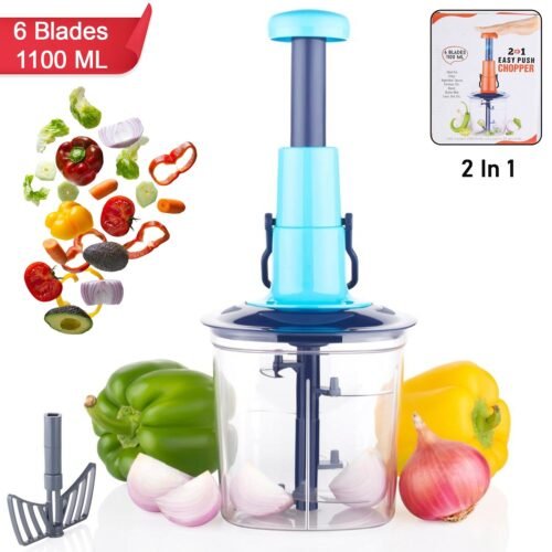 6 Blades Manual Hand-Press Vegetable Chopper (1100 ML / Mix Color)