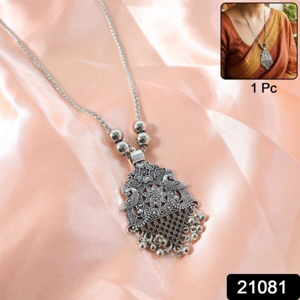 Oxidized Silver Finish Floral Motif Statement Pendant Necklace (1 Pc)