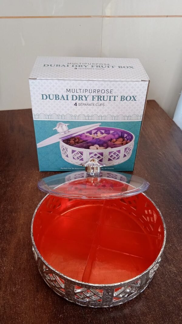 ba0b30af-6bff-4e67-aaac-9a44d2ad64f9.jpg Multipurpose Dry Fruit Box 4 Section Dry Fruit Round Silver Gift Box (1 Pc)