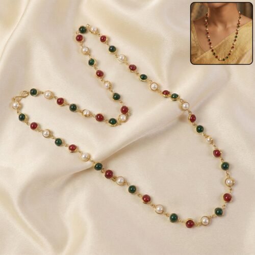 beaded-chain-necklace-01.jpg Traditional Multicolor Beaded Pearl Necklace with Red & Green Stone (1 Pc)