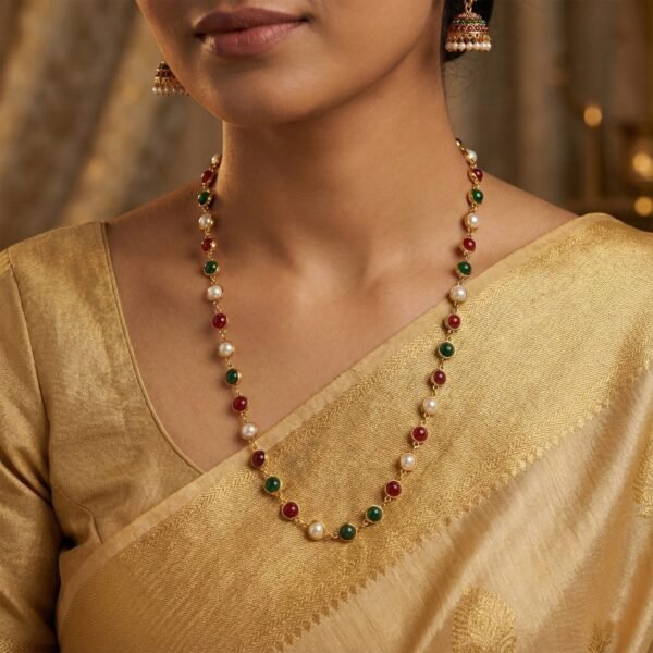 Traditional Multicolor Beaded Pearl Necklace with Red & Green Stone (1 Pc)