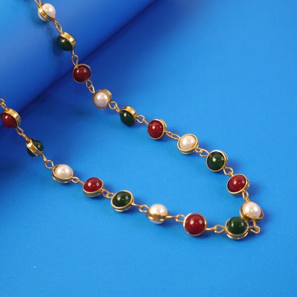 Traditional Multicolor Beaded Pearl Necklace with Red & Green Stone (1 Pc)