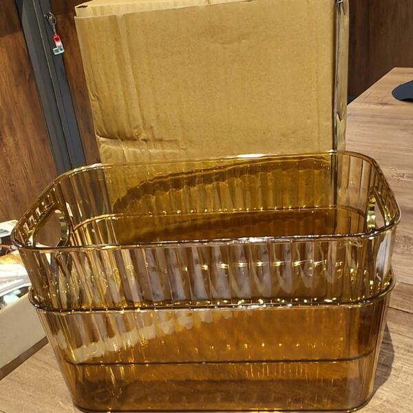 Premium Ribbed Transparent Storage Basket with Gold Handle 25×14 cm 2 Pc
