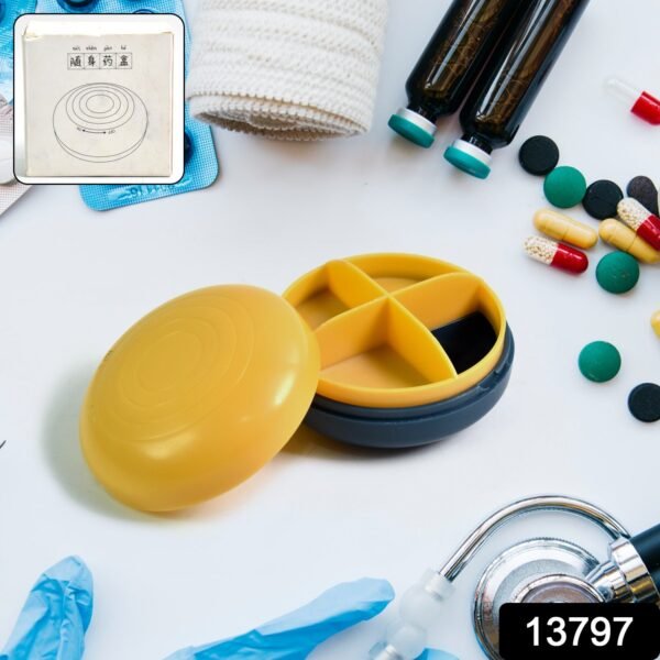 c7c10ab8-06cc-4ae7-9ea1-89582dd67b3c.jpg Portable Round Shape 4 Compartments Pill Box (1 Pc / With Color Box)