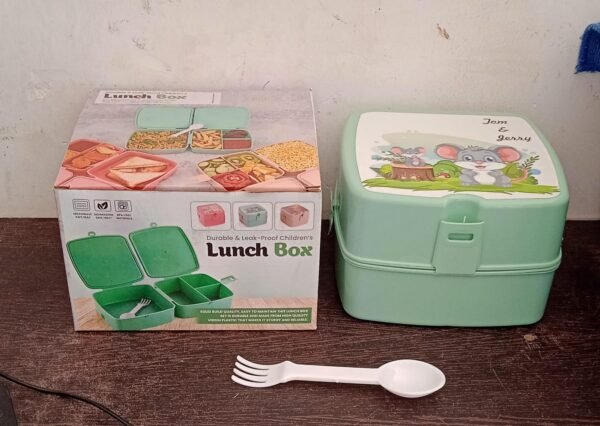 Double-Layer Square Lunch Box with Spoon , 4 Compartment Tiffin & Push Lock