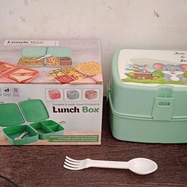 Double-Layer Square Lunch Box with Spoon , 4 Compartment Tiffin & Push Lock