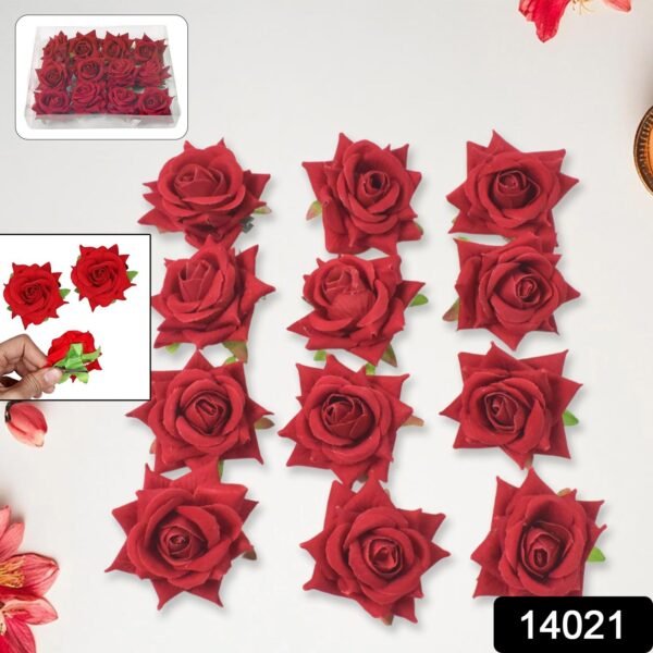 Flower Rose Hair Pin/Clip – Velvet Flower Design (12 Pcs Set, Red Color)
