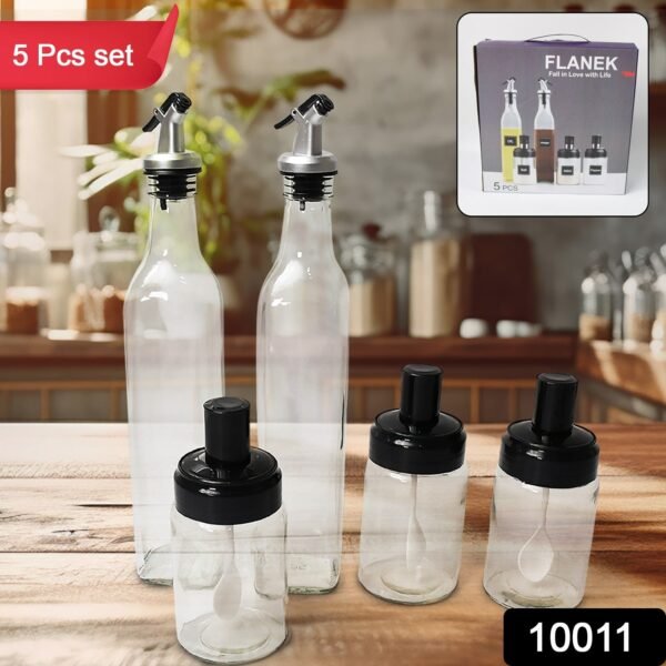 cd4189e8-7063-41cc-966d-23c45b84e699.jpg Transparent Glass Oil Dispenser 500 ML Bottle Set of 2, Spice Jar 250 ML Set of 3, Oil Bottle for Kitchen, Oil & Vinegar Storage Glass Bottle, Glass Container for Spice, Masala (5 Pcs Set)