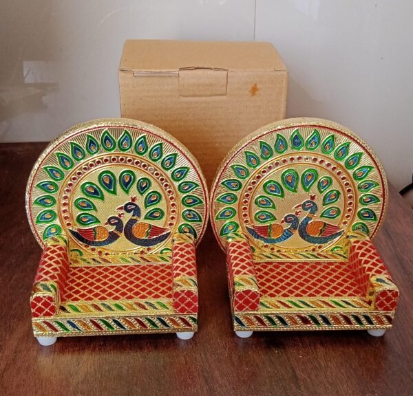 cdd3dcfb-888d-41fe-9fc7-3230bd0c9a33.jpg Meenakari Work Laddu Gopal Singhasan / Sihasan for Pooja Mandir Wooden Krishna Ladoo Bal Gopal Sofa Asan, Home Decorative Premium Look Decorative Singhasan Suitable For Home, Office, Restaurant (2 Pc Set)