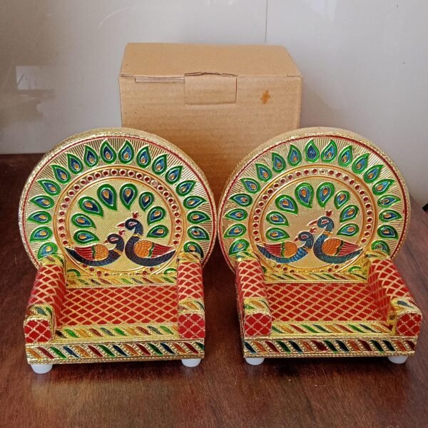 cdd3dcfb-888d-41fe-9fc7-3230bd0c9a33.jpg Meenakari Work Laddu Gopal Singhasan / Sihasan for Pooja Mandir Wooden Krishna Ladoo Bal Gopal Sofa Asan, Home Decorative Premium Look Decorative Singhasan Suitable For Home, Office, Restaurant (2 Pc Set)