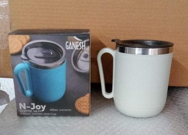 Ganesh Stainless Steel Coffee Mug with heat resistant mug lid. Approx 400Ml mug