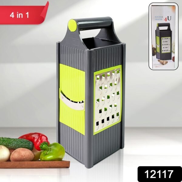 d3bdbf96-08a8-45bf-af4a-13bb2b0275c2.jpg Steel and Plastic 4 in 1 Vegetable & Fruit Slicer Grater / Slicer (1 Pc)