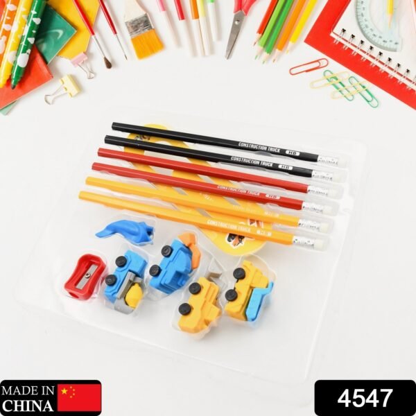 d6f16001-6b00-4751-848b-1989acbbed42.jpg Pencil and Eraser Set, Construction Truck Theme Stationery Kit Includes 6 Pencils, 4 Erasers, 1 Sharpener, 1 Ruler Bookmark, 1 Pencil Cap Stationary For Birthday Gifts for Kids, Birthday Return Gifts (13 Pc set)