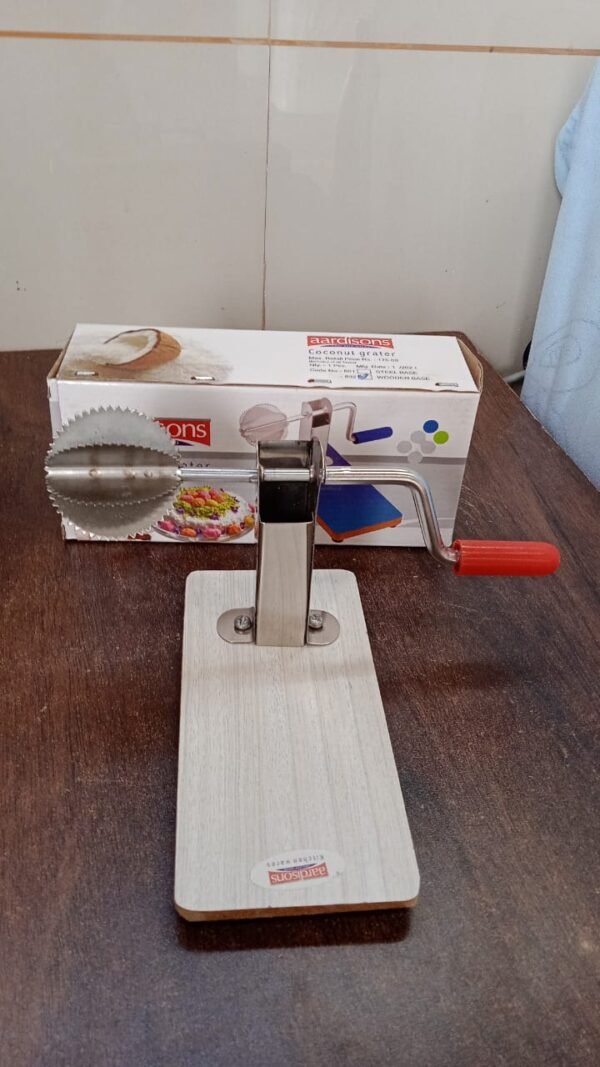 dc86832a-e010-4b71-870f-6539e77d6ca1.jpg Stainless Steel Coconut Scraper with Wooden Base (1 Pc)