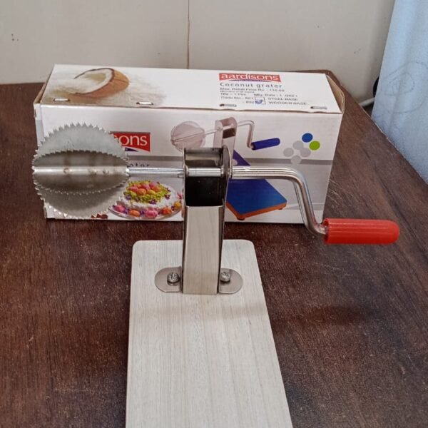 dc86832a-e010-4b71-870f-6539e77d6ca1.jpg Stainless Steel Coconut Scraper with Wooden Base (1 Pc)